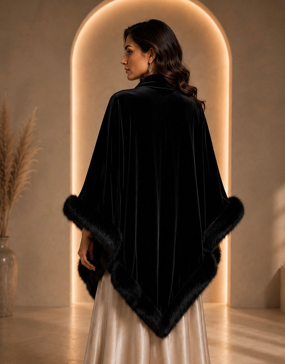 Black Velvet Plain Shawl with Fur Trim