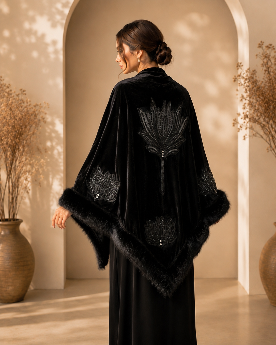 Velvet Evening Crystal Stones Embroidery Shawl with Faux Fur