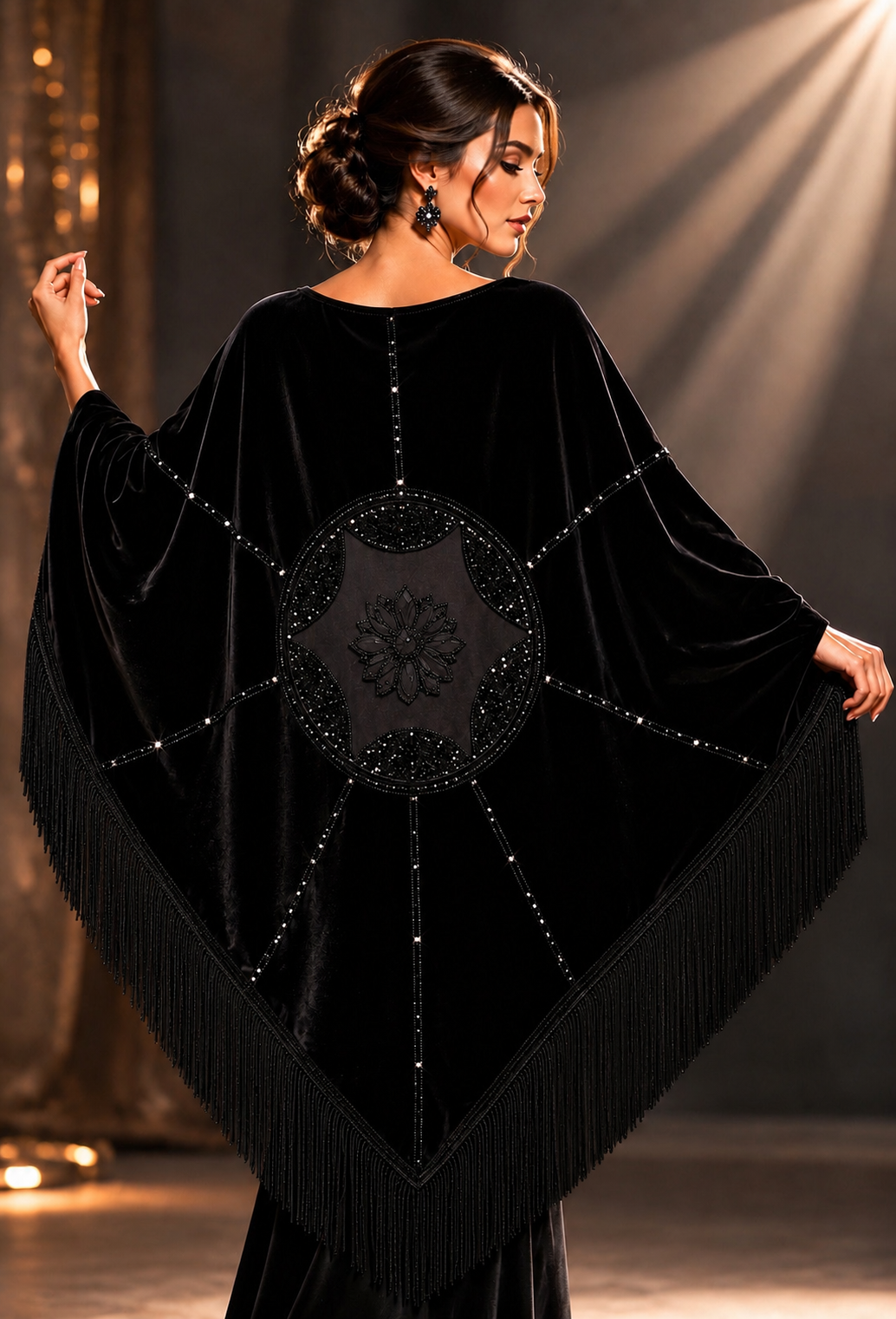Velvet Shawl with Crystal Stones and Tulle