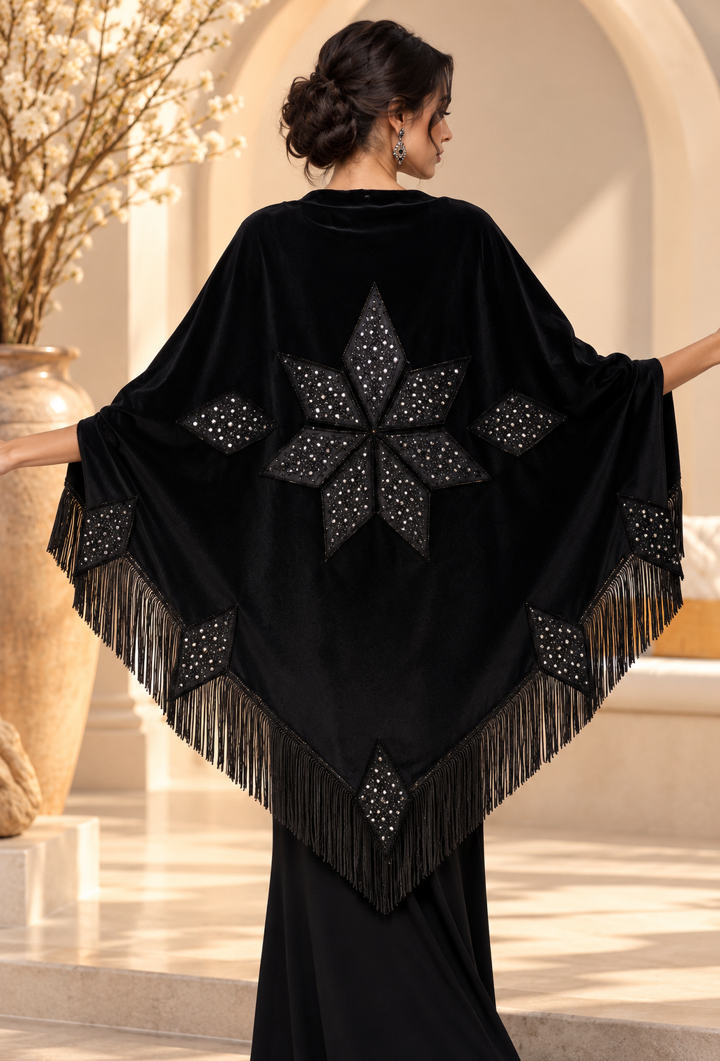 Black Velvet Shawl with Geometric Stones