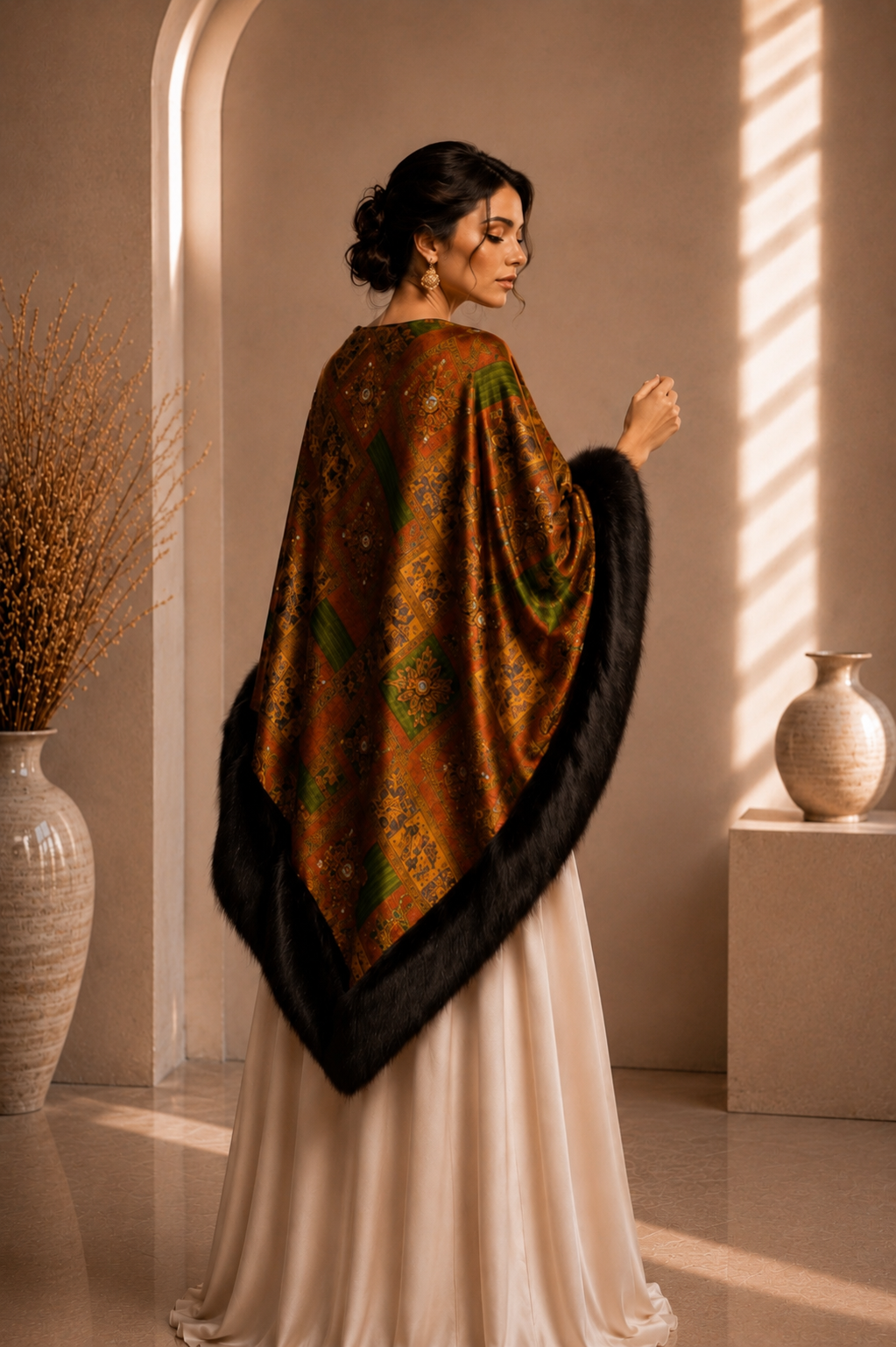 Patterned Velvet Shawl with Faux Fur