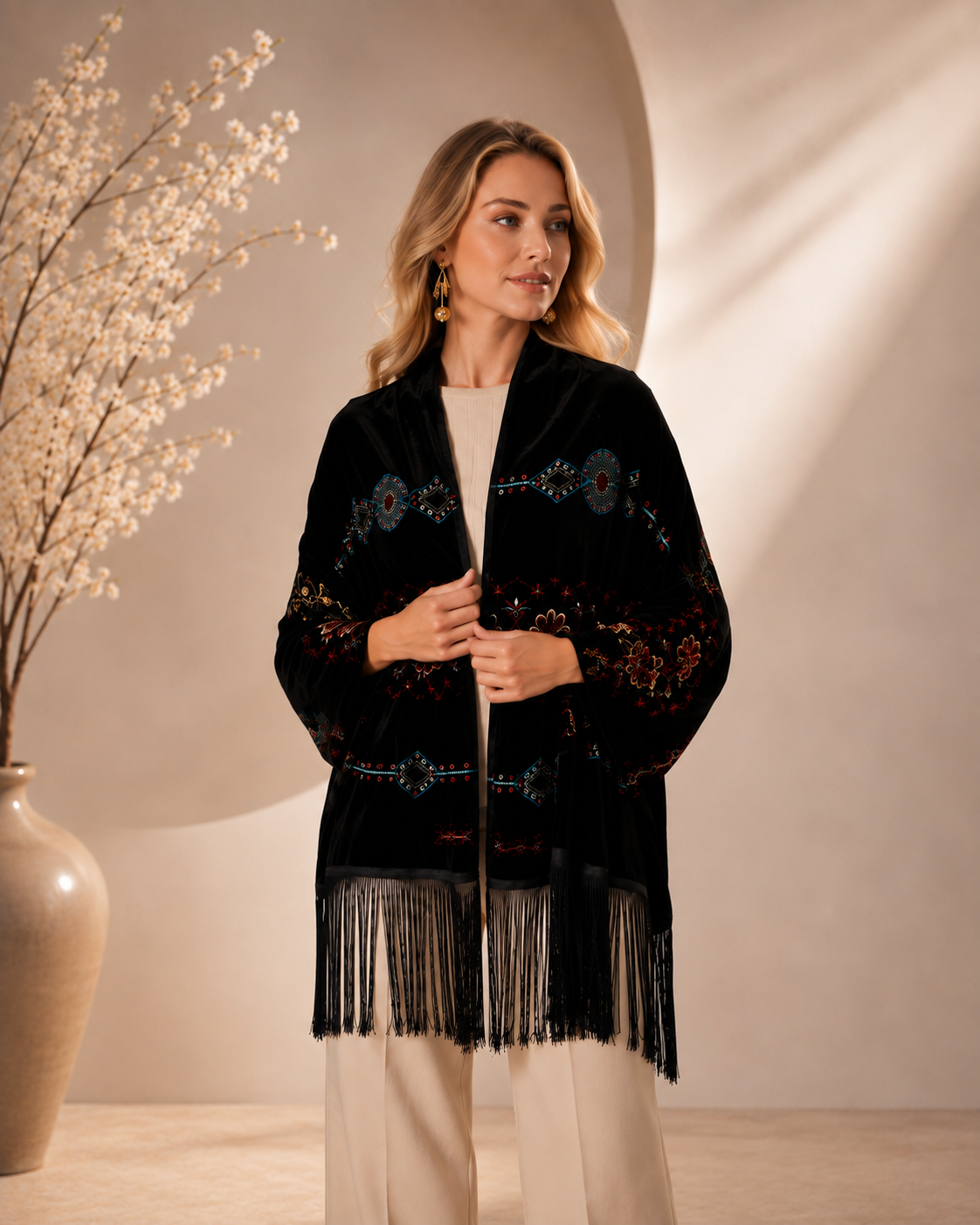 Ethnic Embroidery Black Velvet Shawl