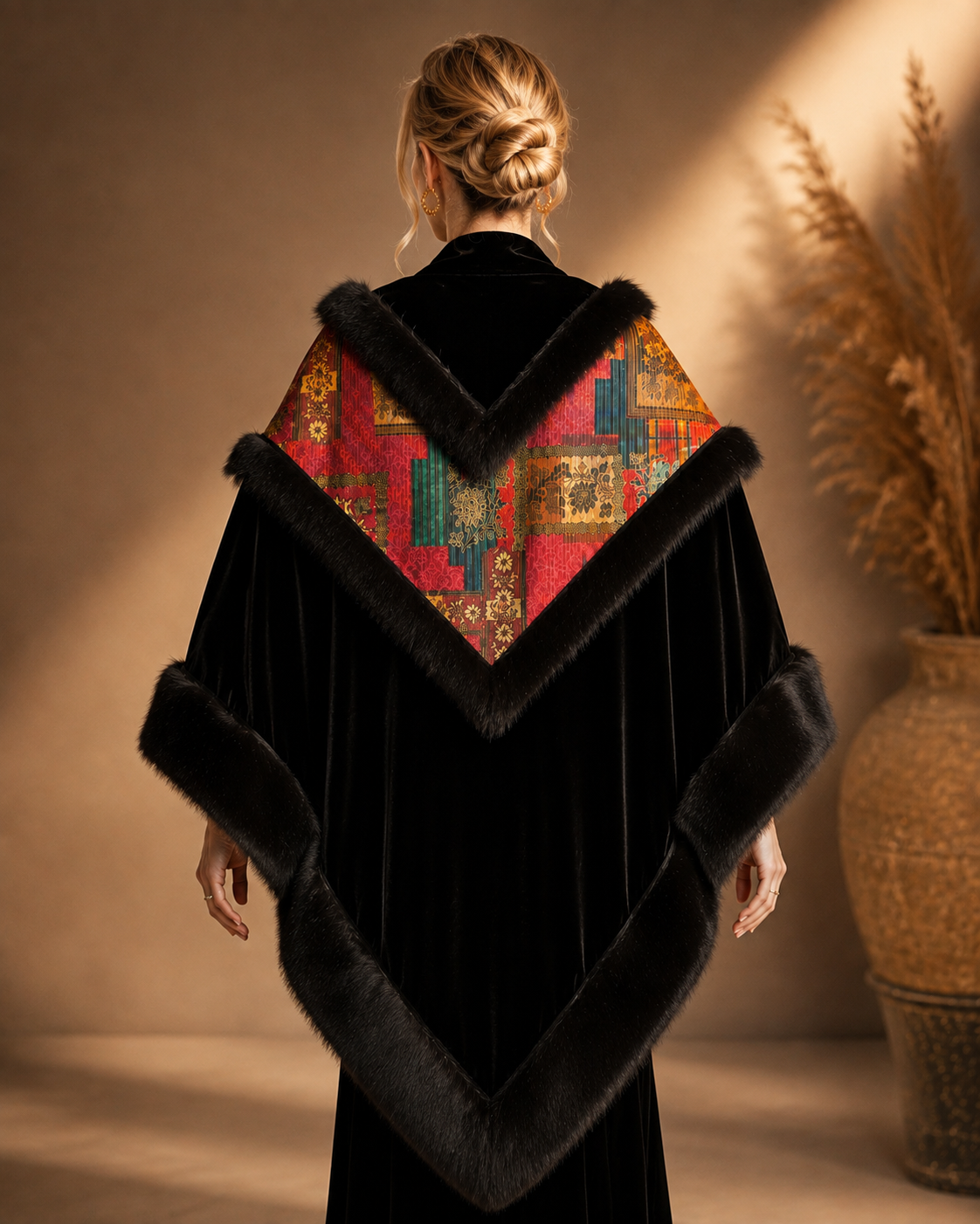 Velvet Shawl with Fur and Red Pattern Fabric