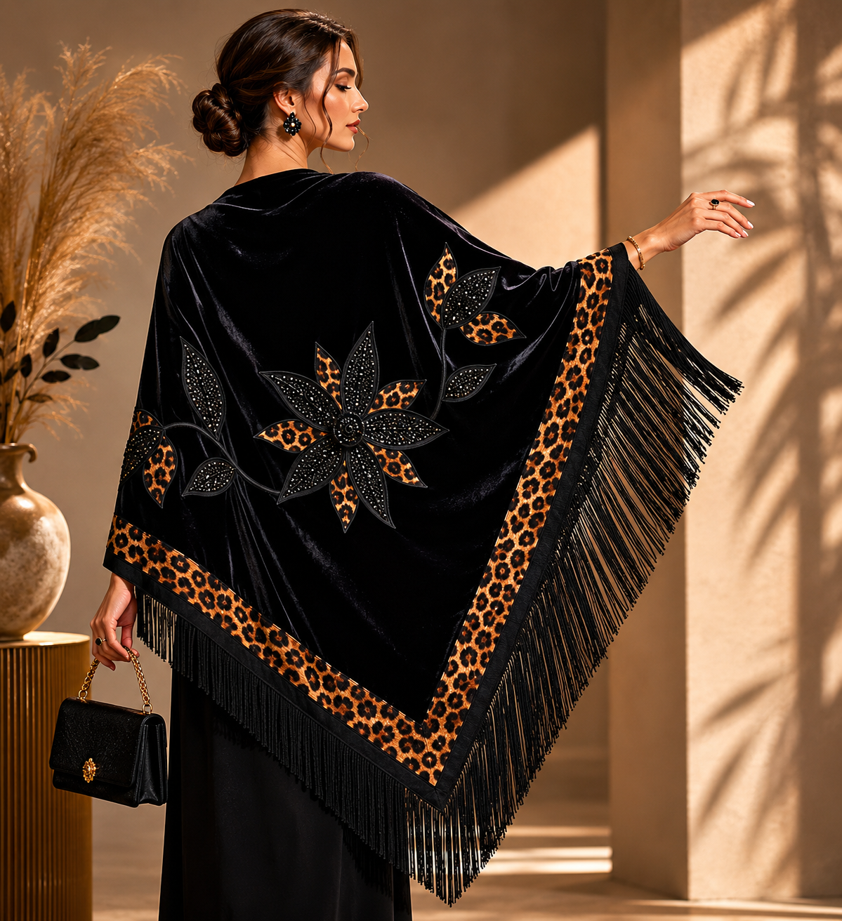Tiger Leopard Aplique Velvet Black Shawl