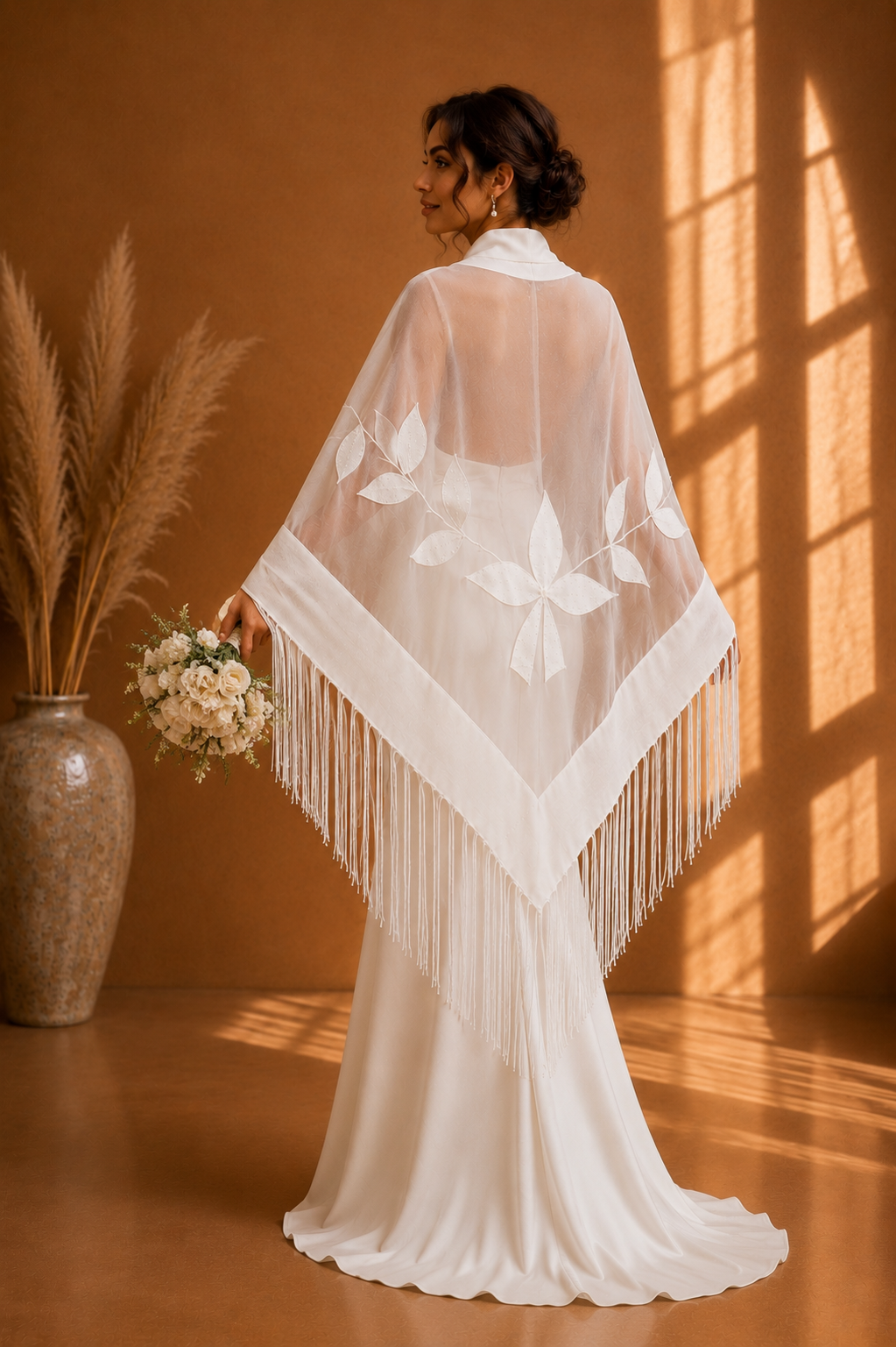 White Bridal Knit and Tulle Shawl