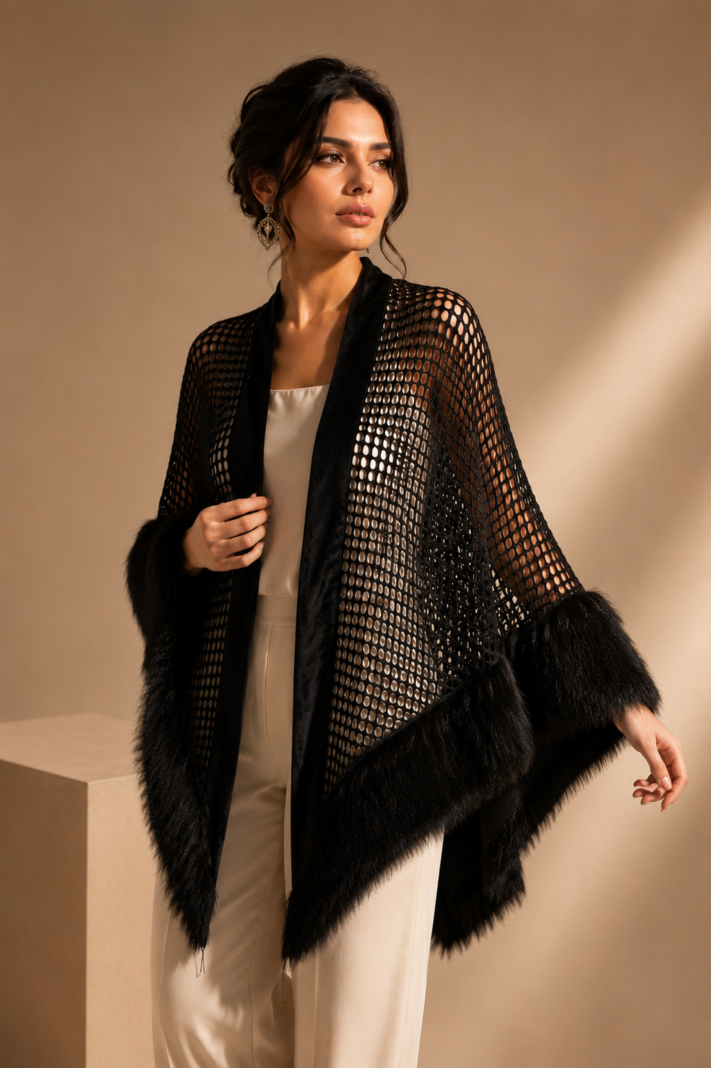 Black Mesh and Faux Fur Shawl