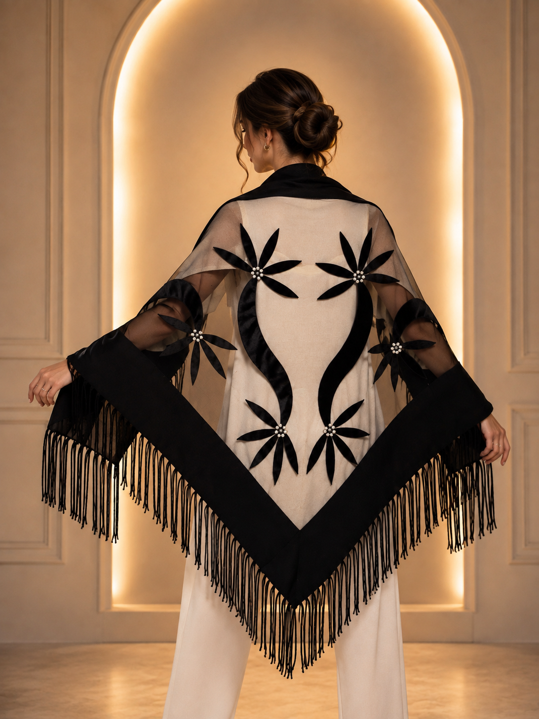 Evening Knit and Tulle Shawl with Velvet Aplique