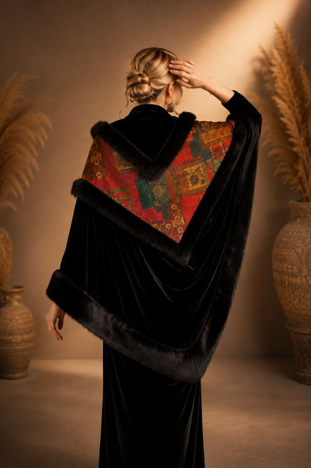 Velvet Shawl with Fur and Red Pattern Fabric