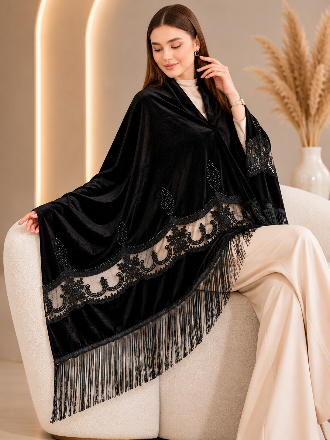 Black Embroidery Velvet Shawl with Crystal Stones