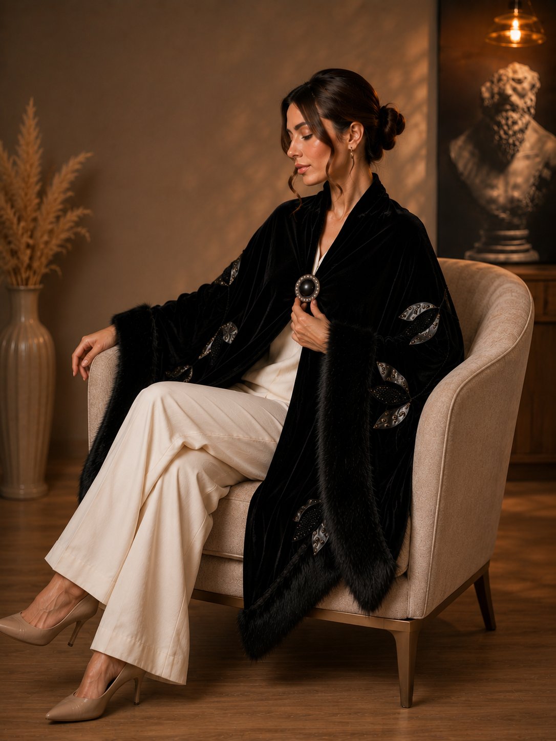 Faux Fur and Velvet Shawl with Aplique
