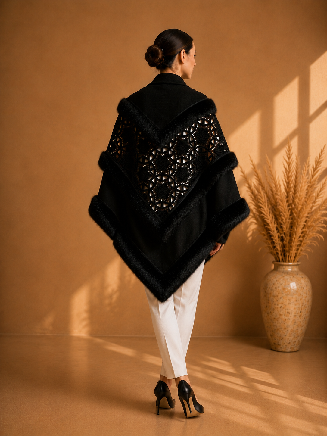 Black Embroidery Knit Shawl with Faux Fur