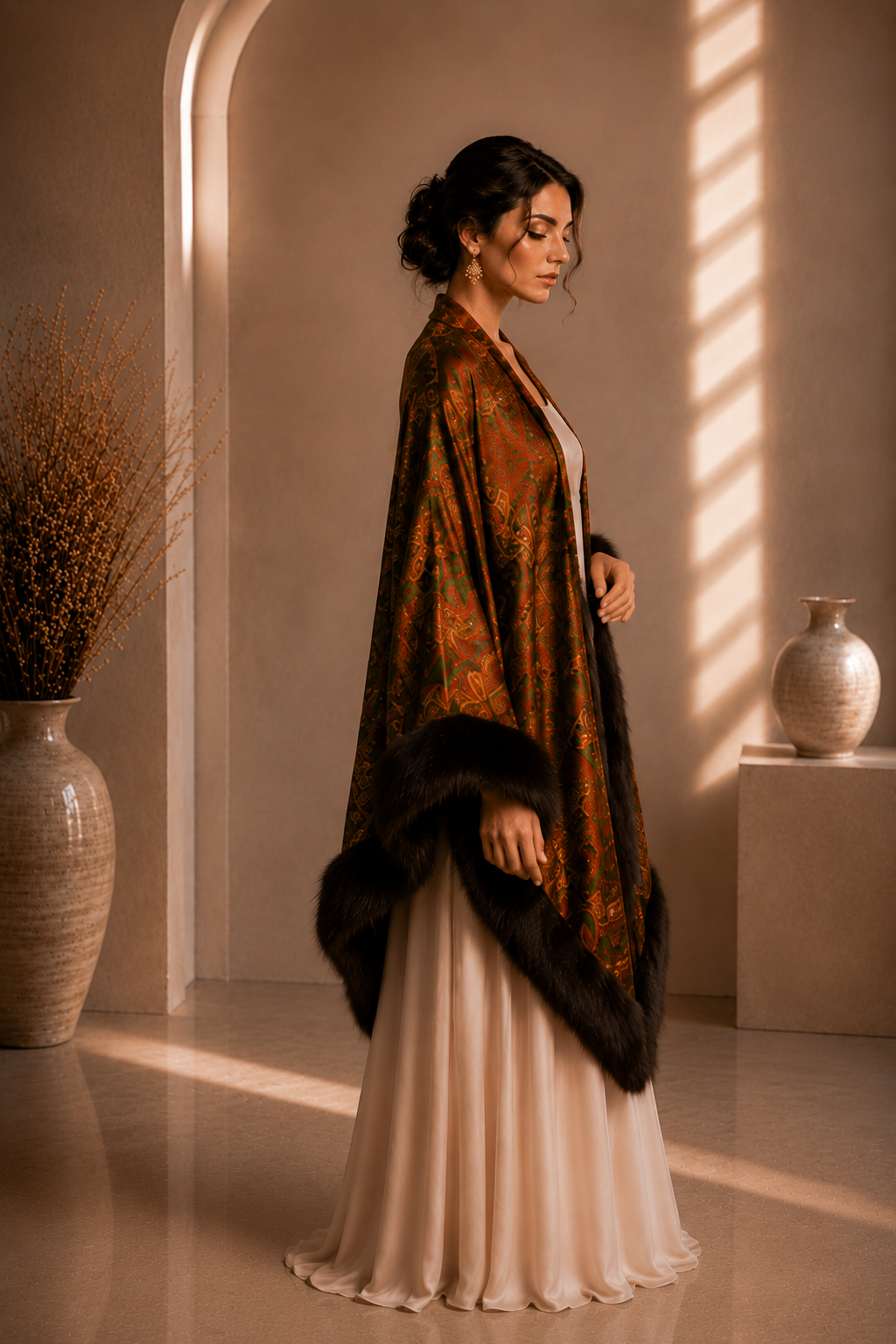 Patterned Velvet Shawl with Faux Fur
