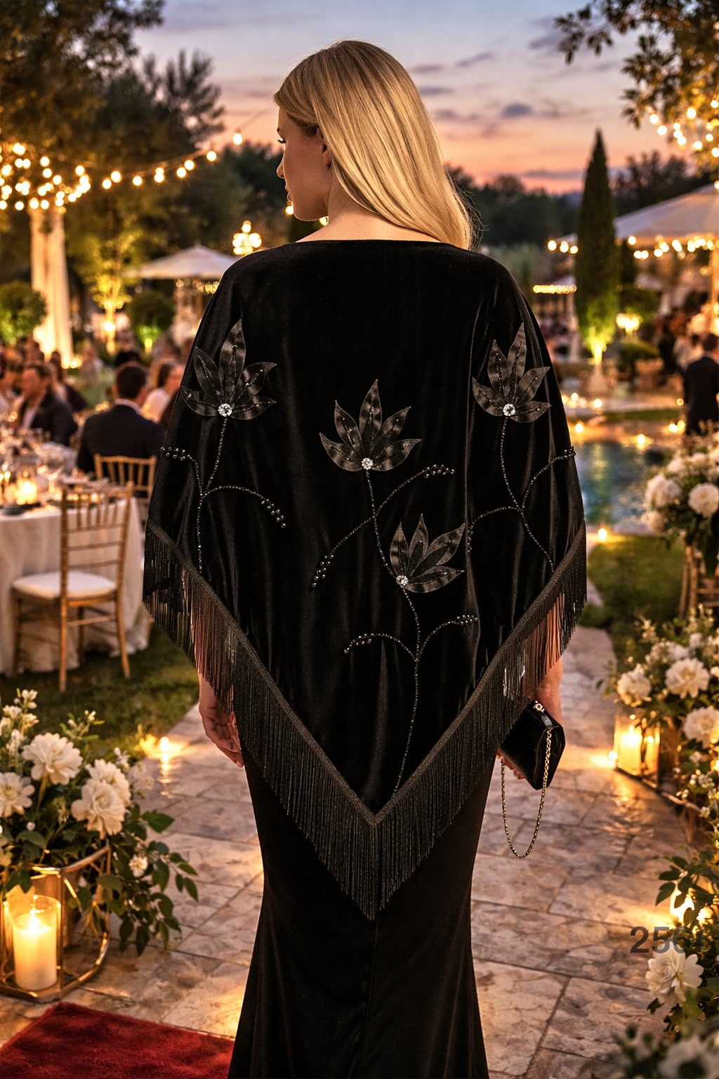 Handmade Embellisment and Flower Aplique Velvet Black Shawl
