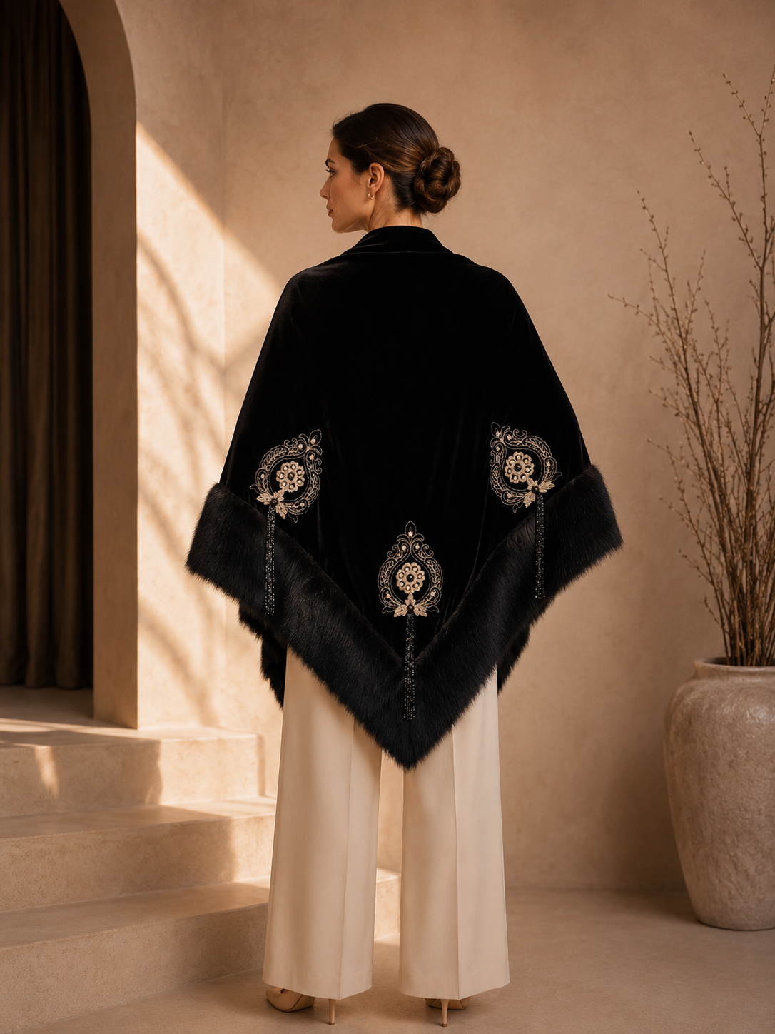 Embroidery Velvet Faux Fur Shawl