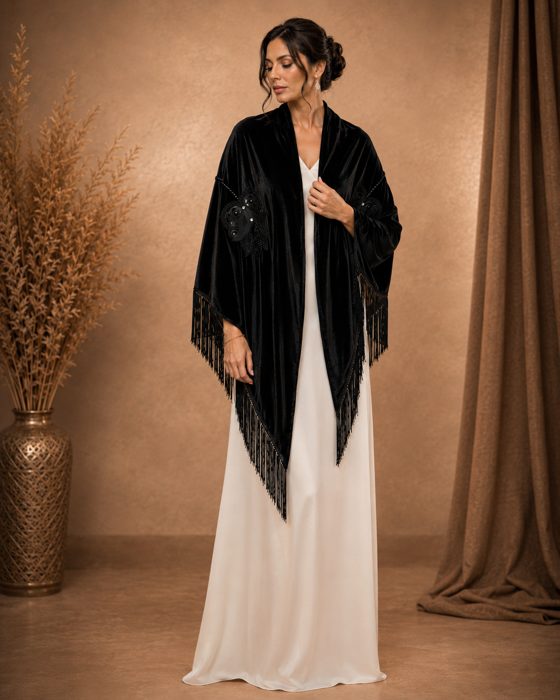 Black Women Shawl with Floral Embroidery