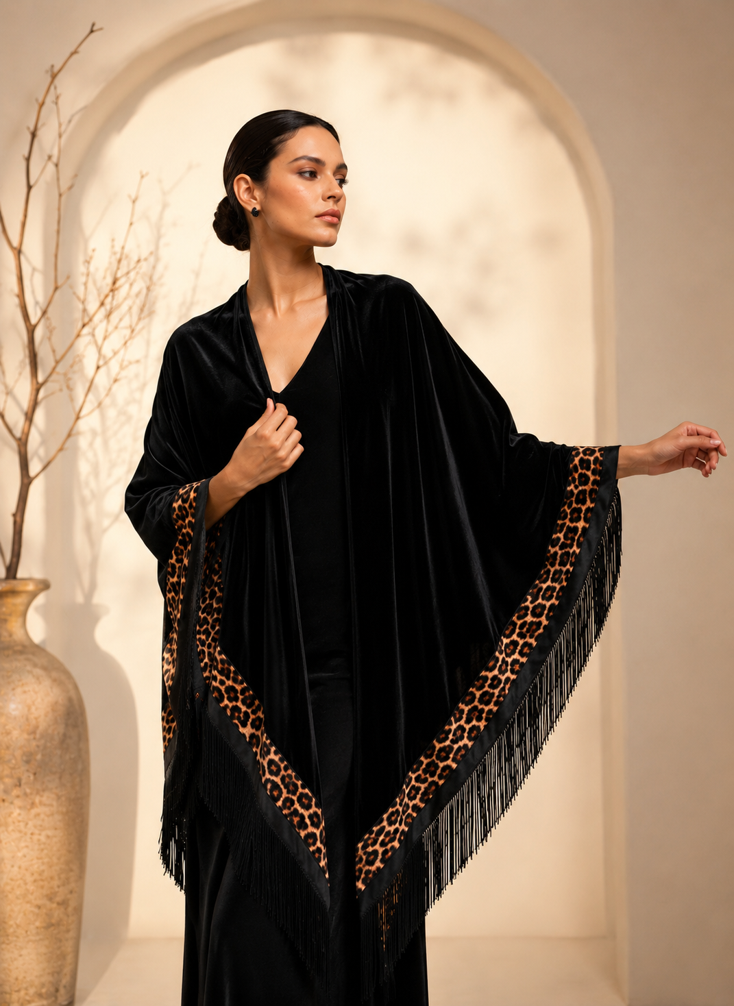 Tiger Leopard Aplique Velvet Black Shawl