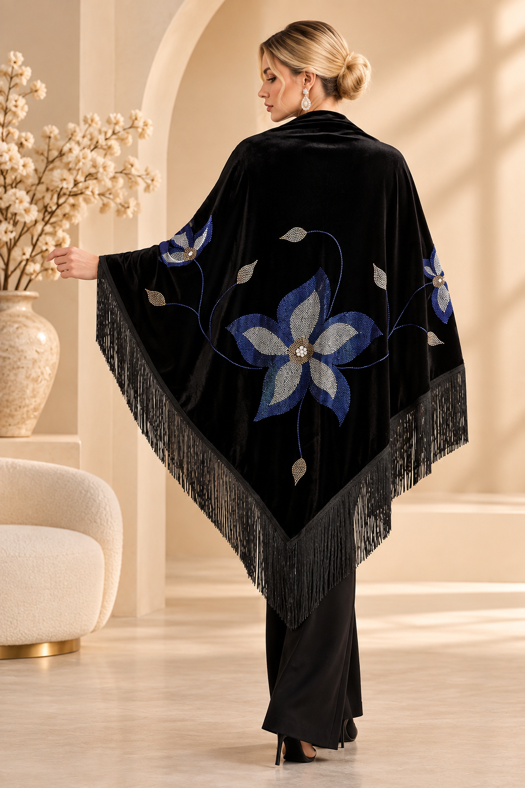 Velvet Shawl with Blue Crystal Floral Stones