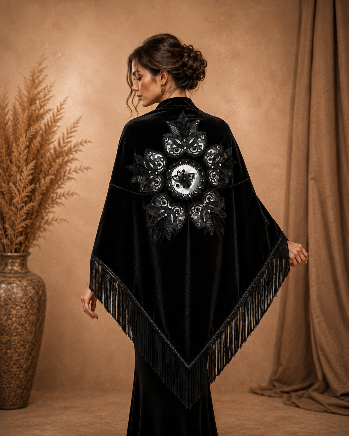 Black Women Shawl with Floral Embroidery