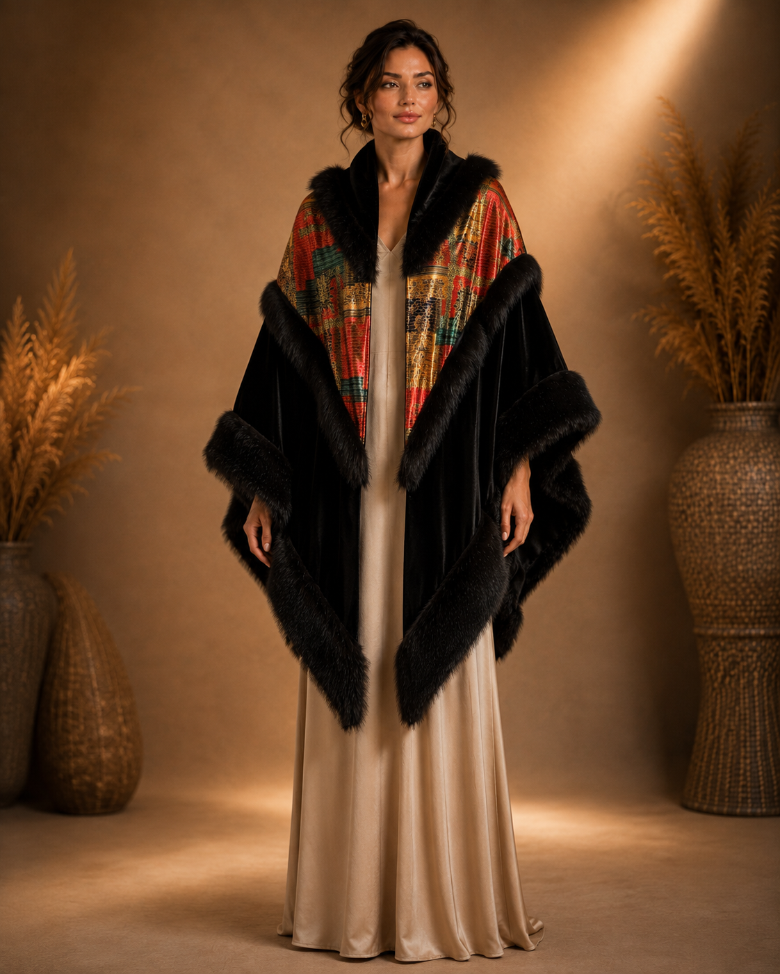 Velvet Shawl with Fur and Red Pattern Fabric