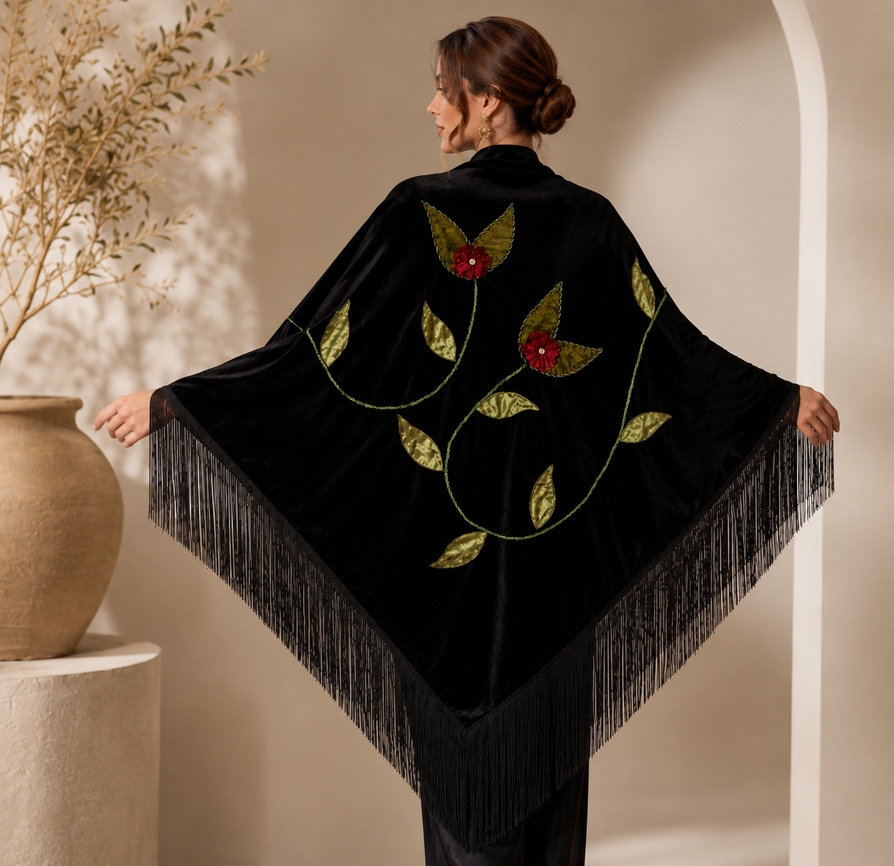 Handmade Embellisment Flower Aplique Velvet Black Shawl