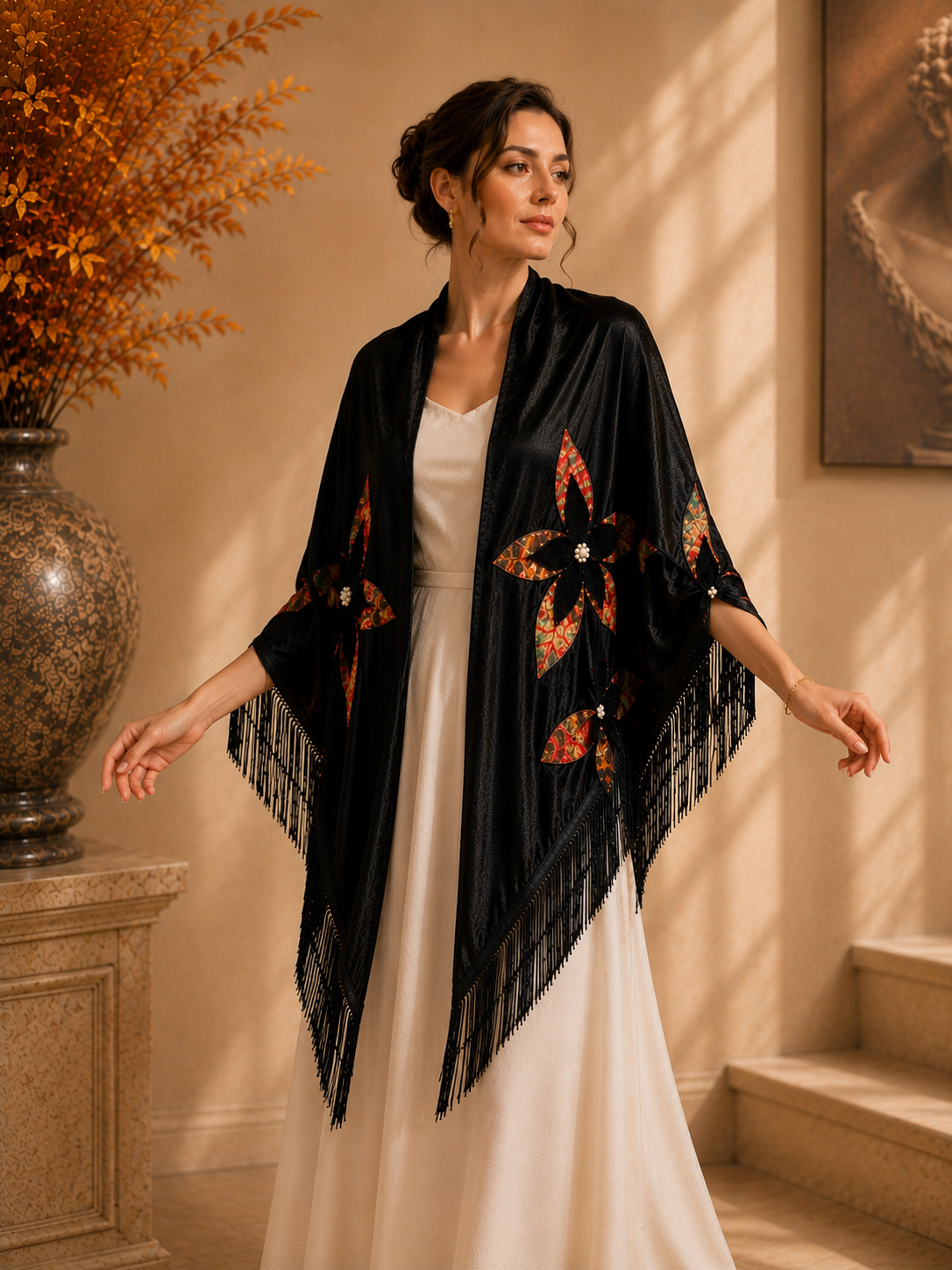 Velvet Evening Shawl with Floral Applique