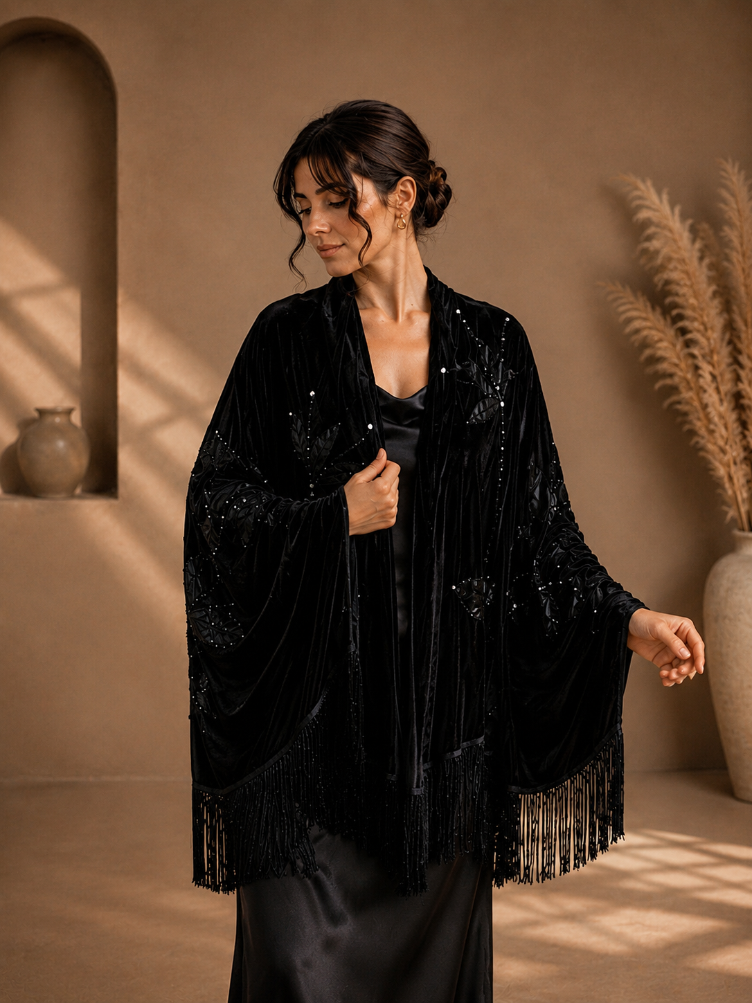 Velvet Shawl with Handmade Stone Embellishment