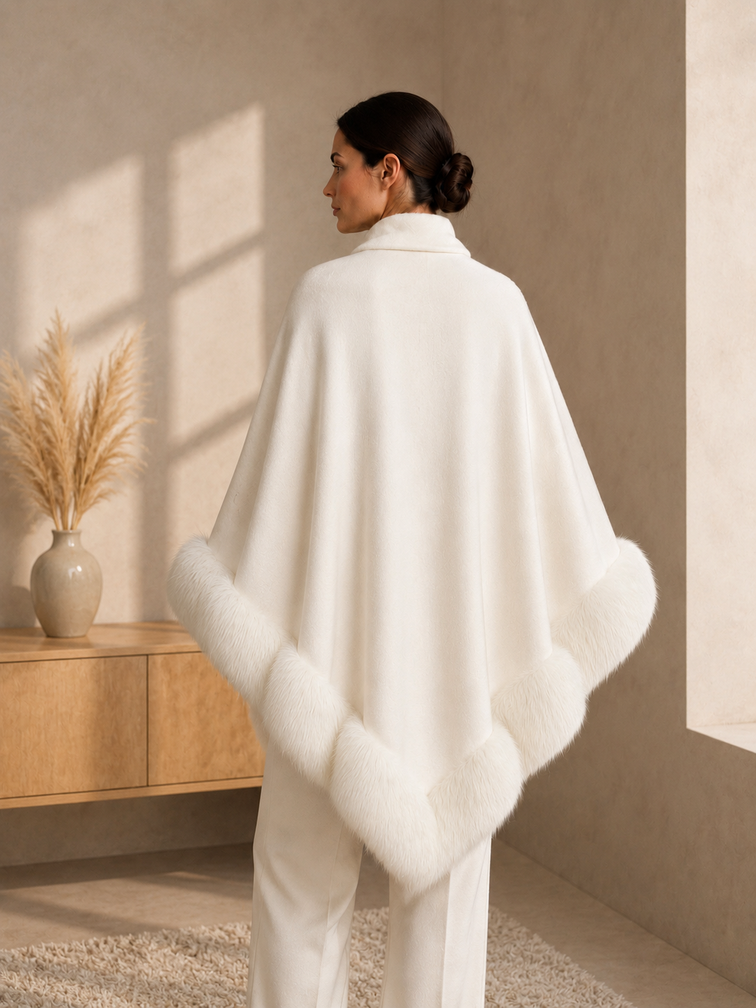 White Plain Wedding Knit Shawl with Faux Fur