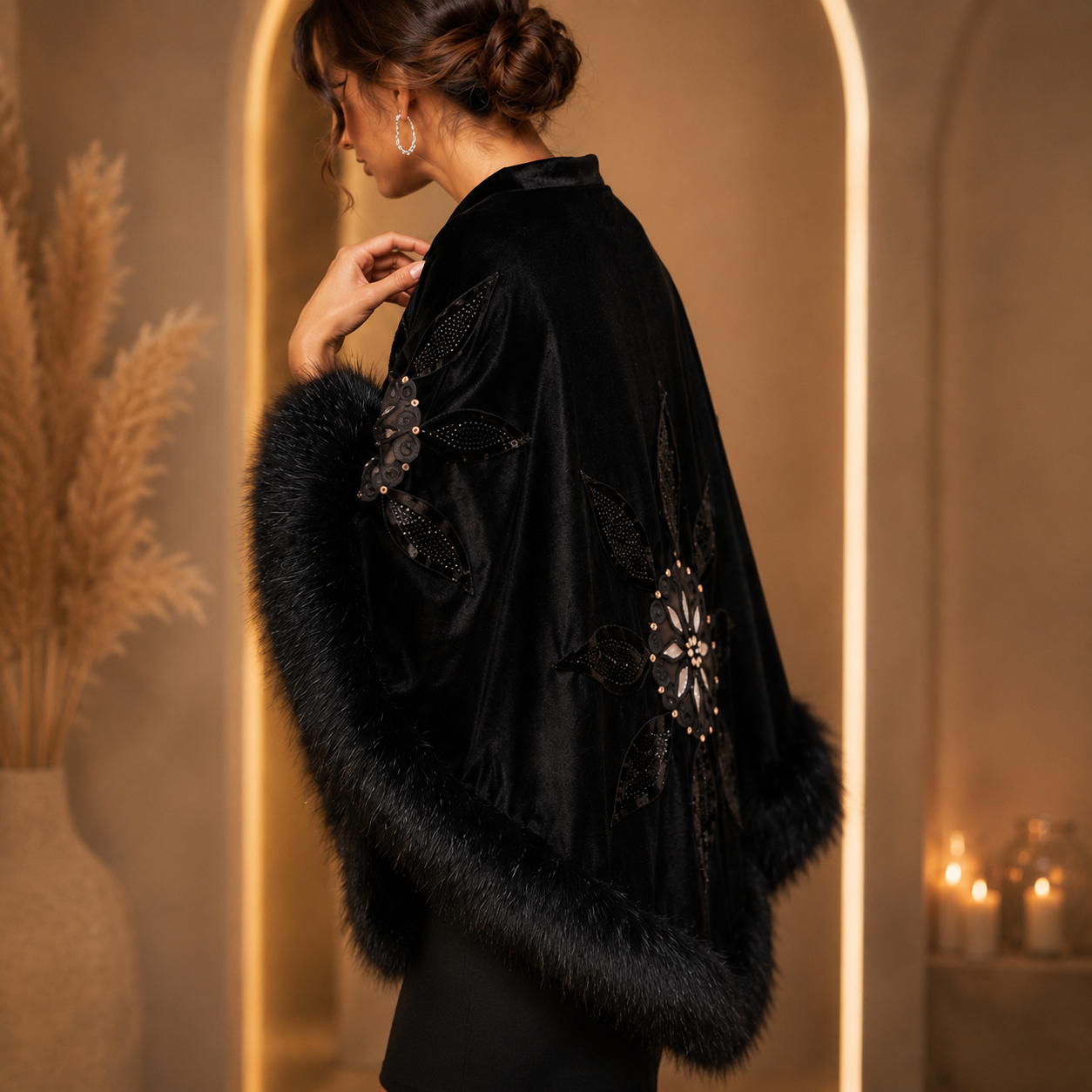 Black Velvet Shawl with Silver Embroidery and Faux Fur