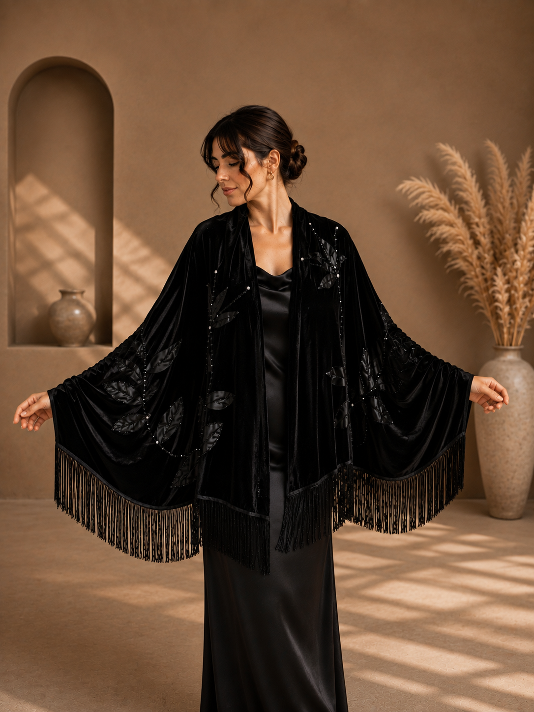 Velvet Shawl with Handmade Stone Embellishment