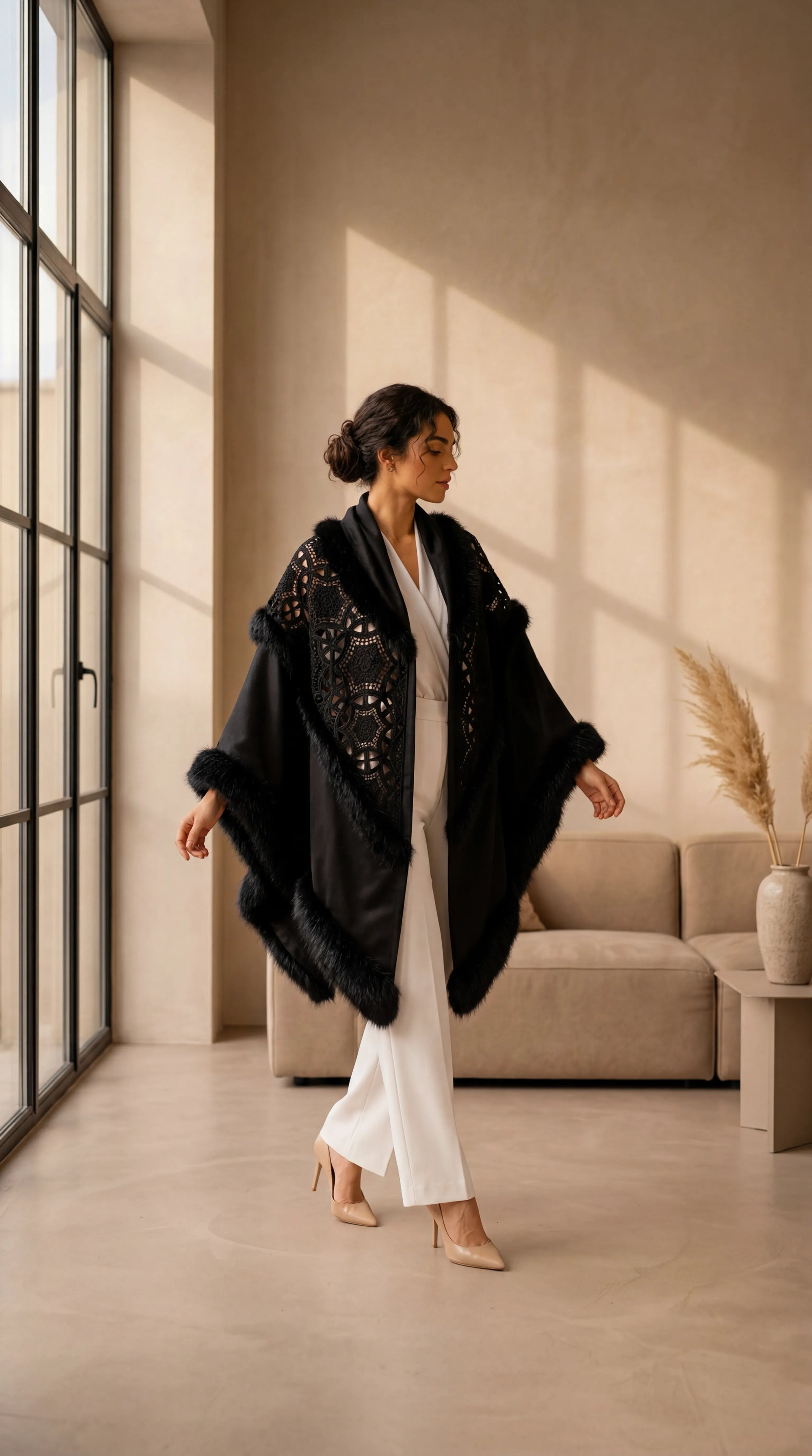 Black Embroidery Knit Shawl with Faux Fur