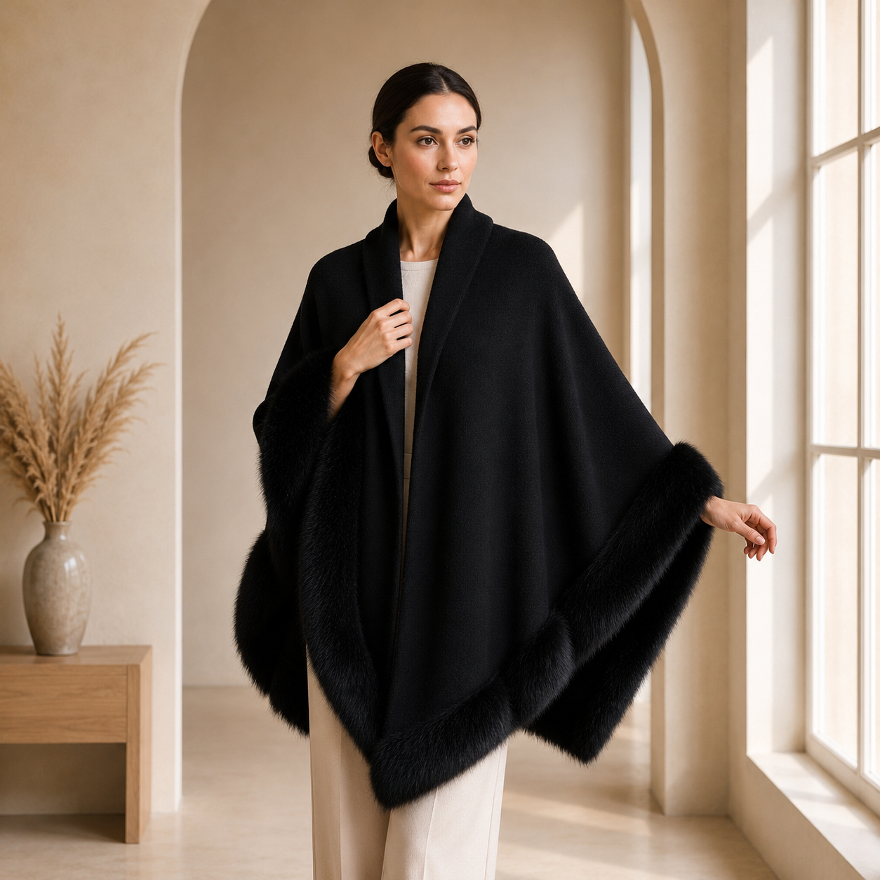 Black Plain Knit Shawl with Faux Fur
