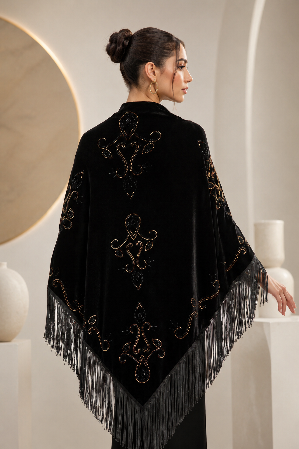 Black Velvet Shawl with Crystal Embellishments