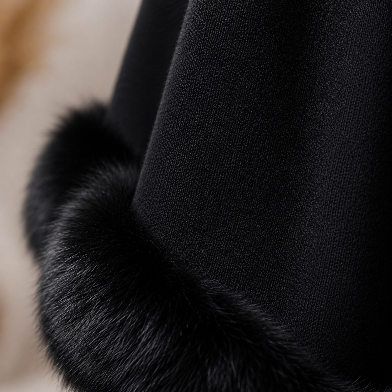 Black Plain Knit Shawl with Faux Fur