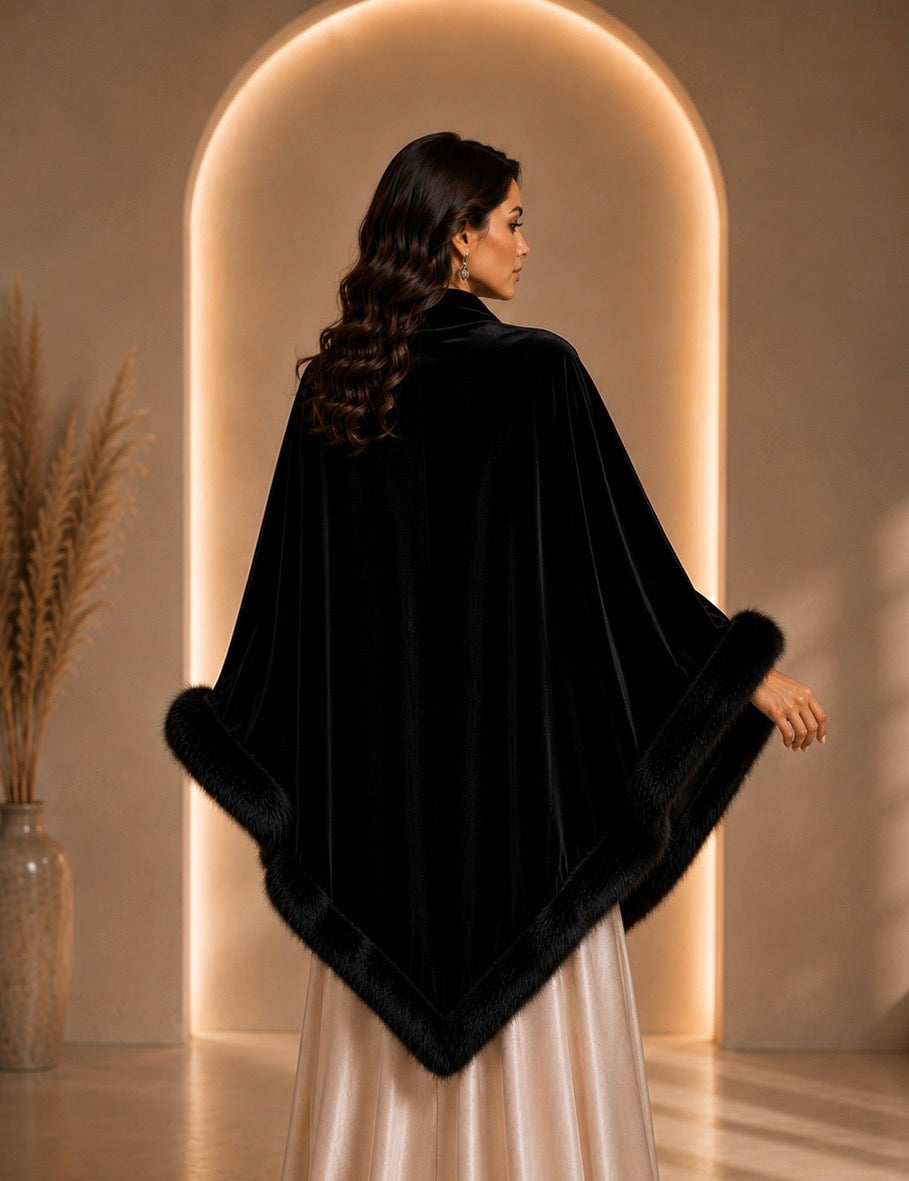 Black Velvet Plain Shawl with Fur Trim