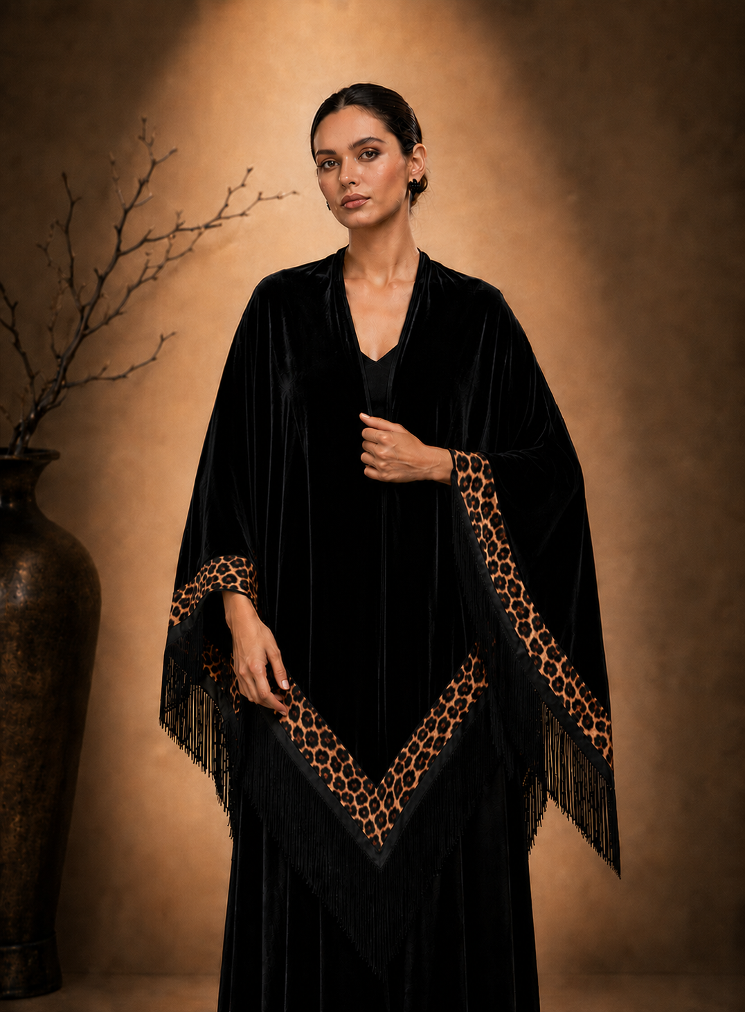 Tiger Leopard Aplique Velvet Black Shawl