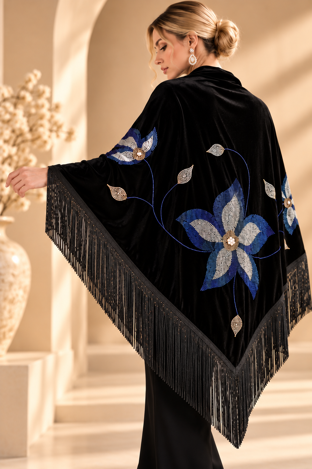 Velvet Shawl with Blue Crystal Floral Stones