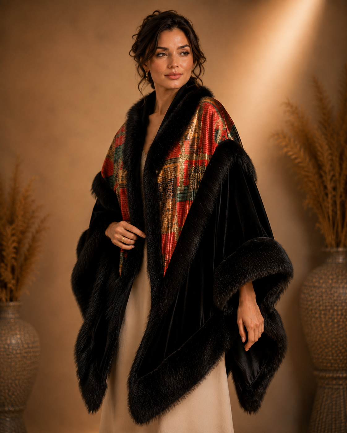 Velvet Shawl with Fur and Red Pattern Fabric