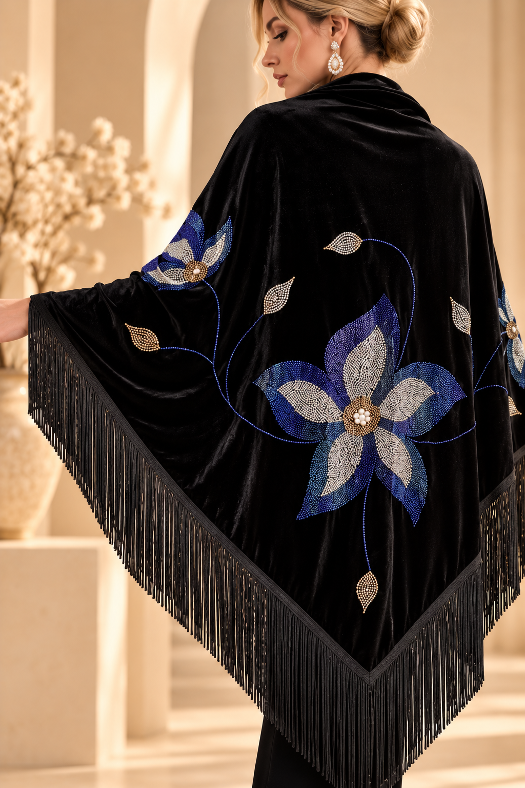 Velvet Shawl with Blue Crystal Floral Stones