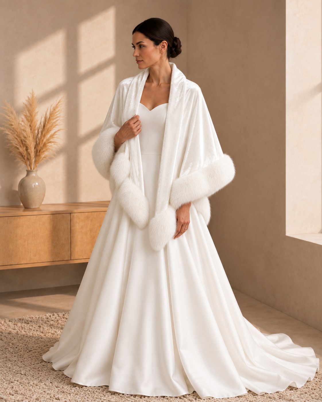 White Velvet Plain Shawl with Fur Trim