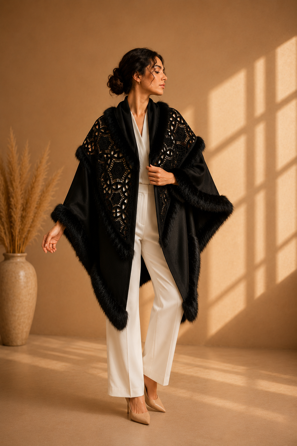 Black Embroidery Knit Shawl with Faux Fur