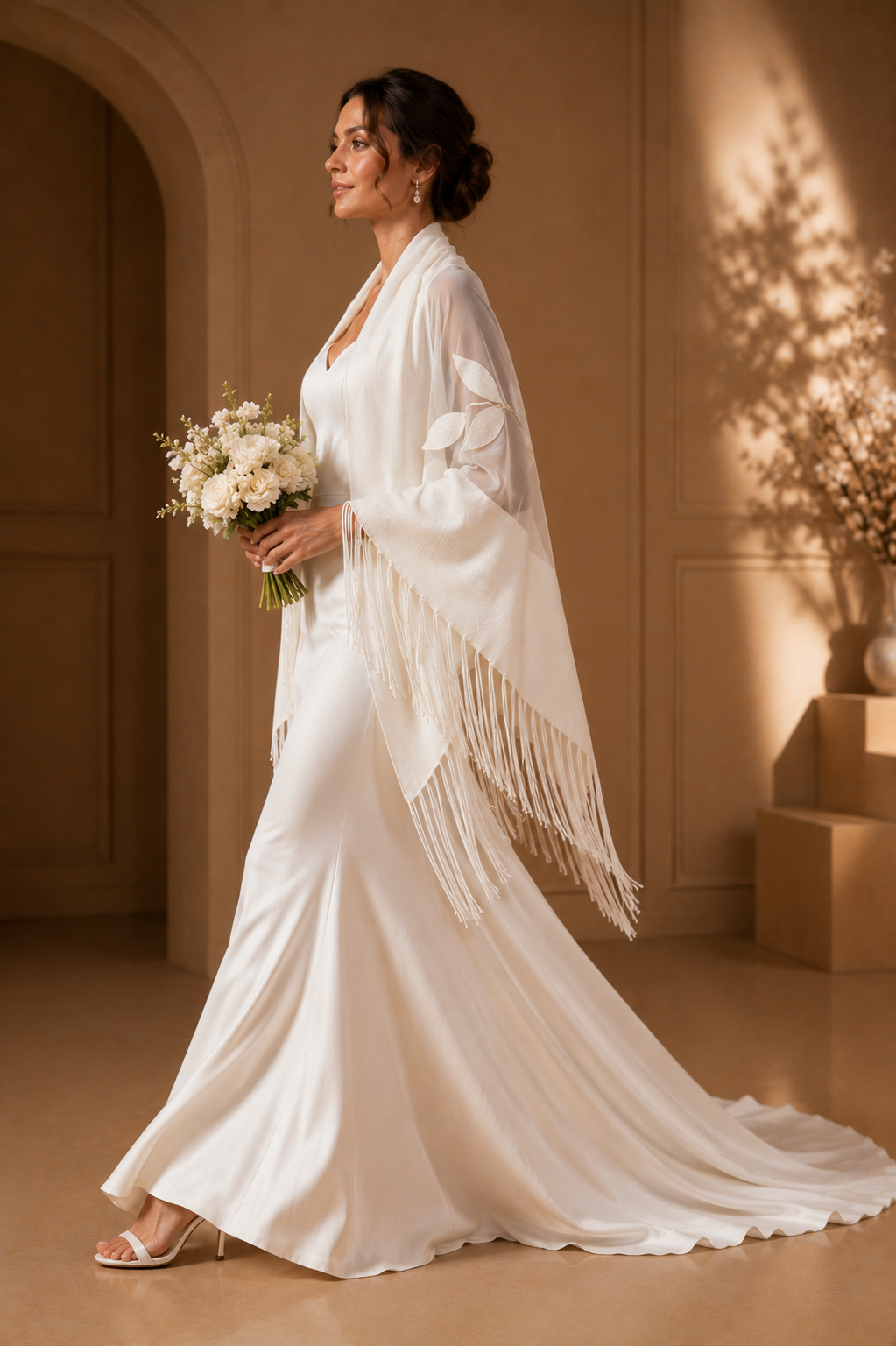 White Bridal Knit and Tulle Shawl