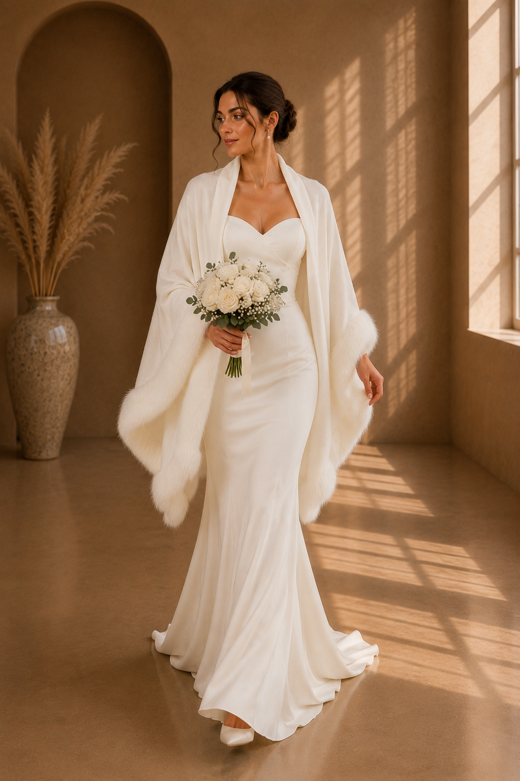 White Plain Wedding Knit Shawl with Faux Fur