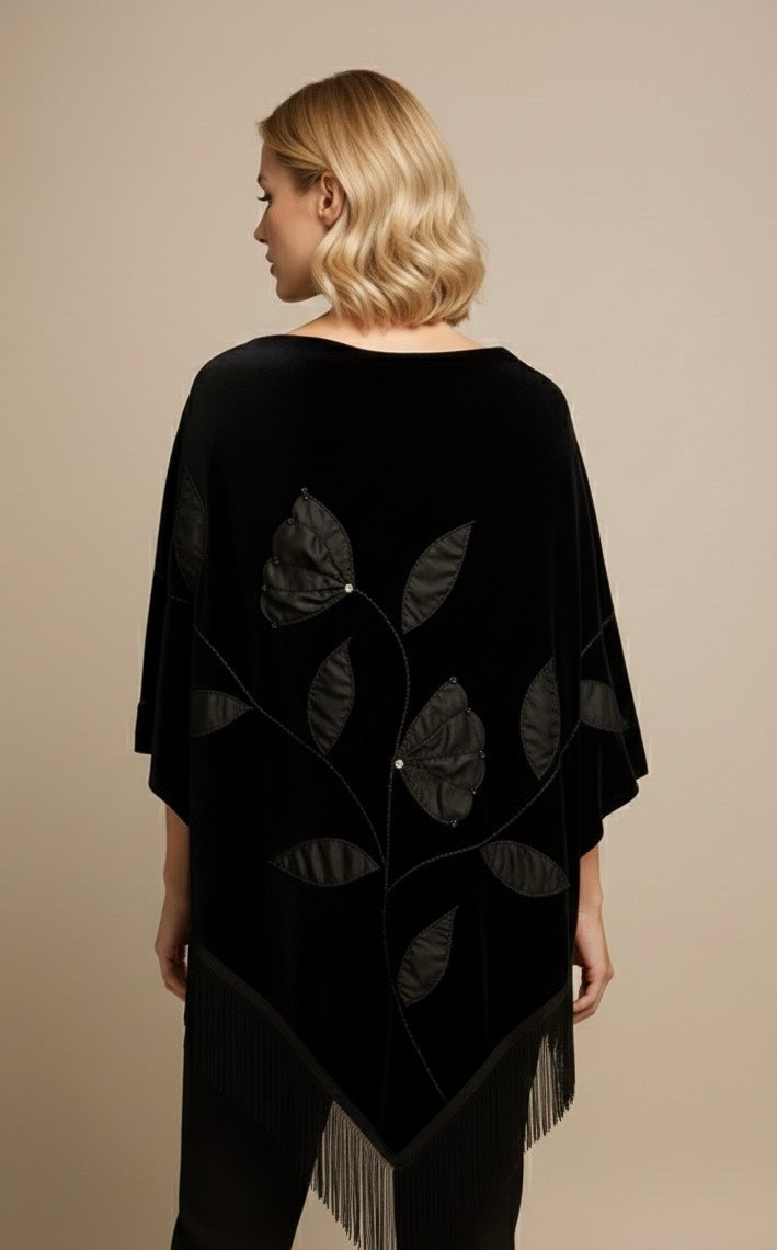 Handmade Embellisment and Flower Aplique Velvet Black Shawl