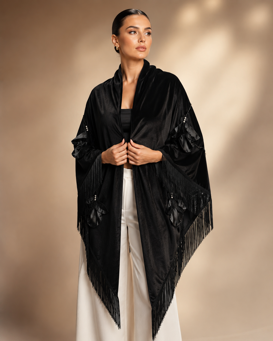 Handmade Flower Aplique Velvet Black Shawl
