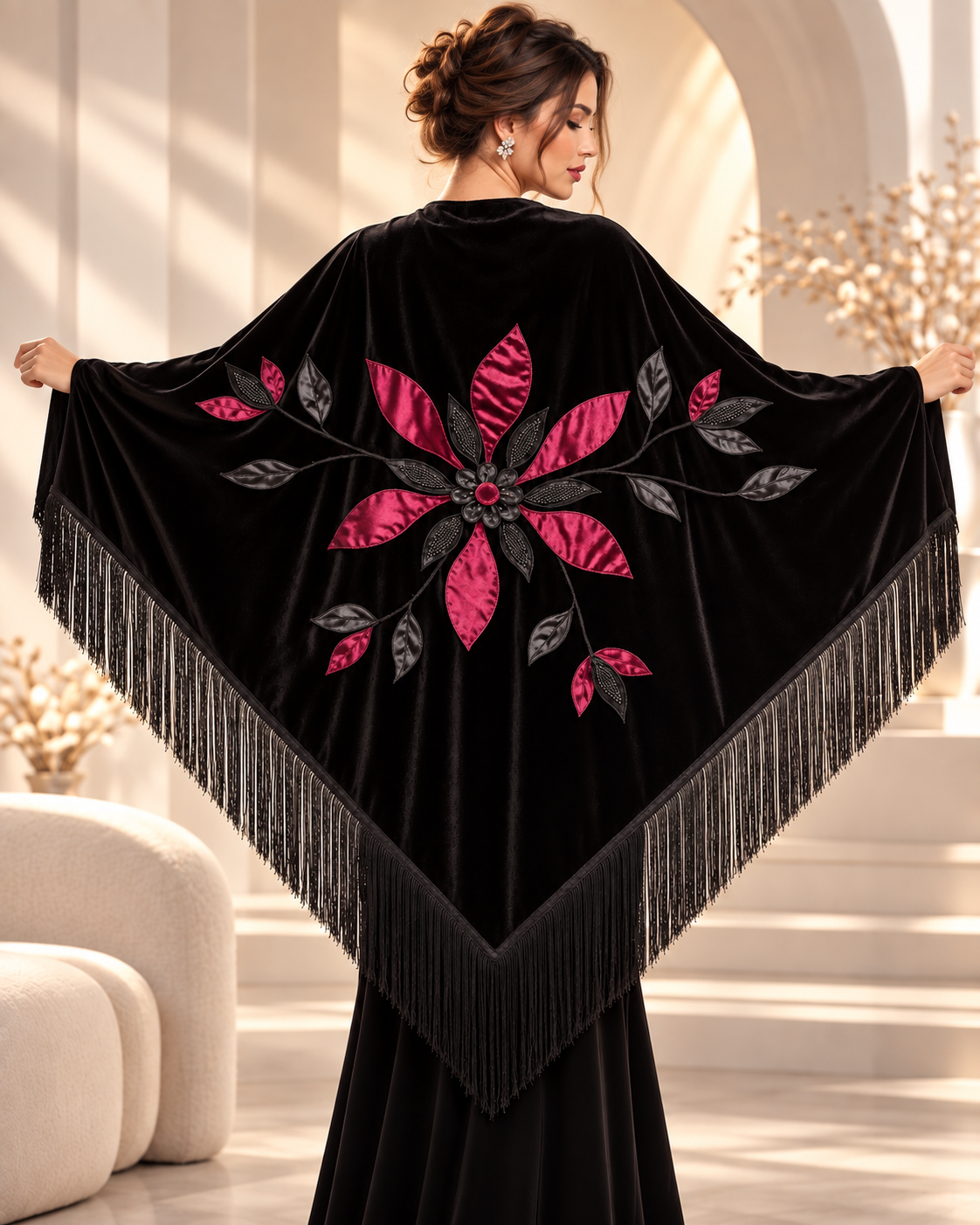 Black Velvet Shawl with Red Flower Aplique
