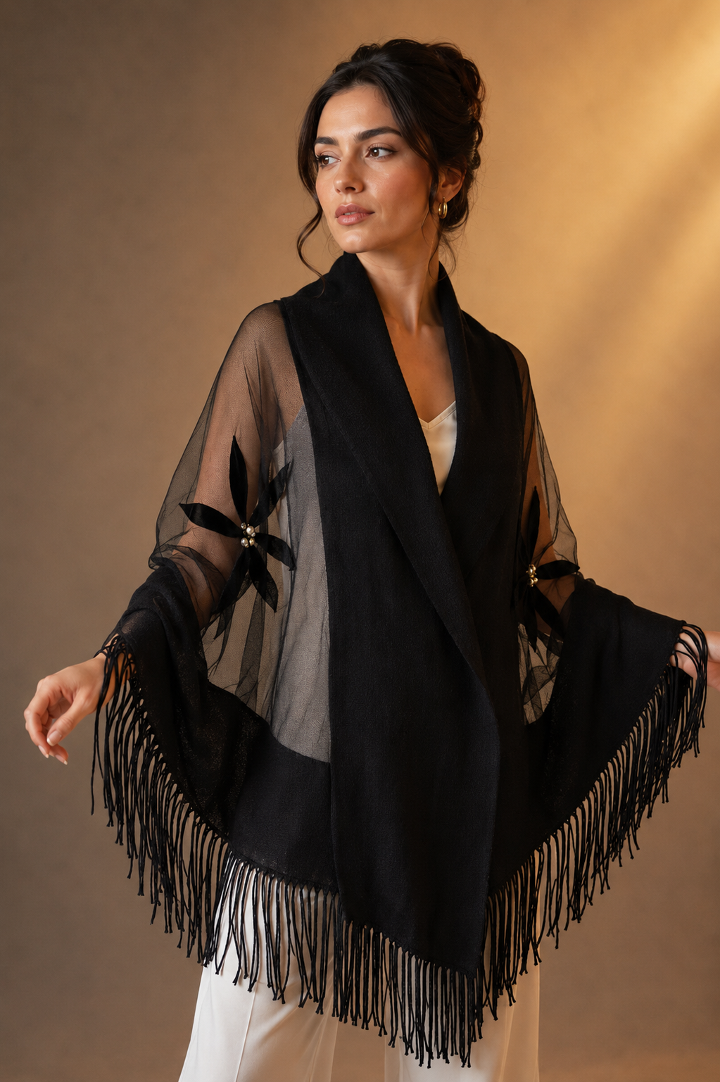 Evening Knit and Tulle Shawl with Velvet Aplique