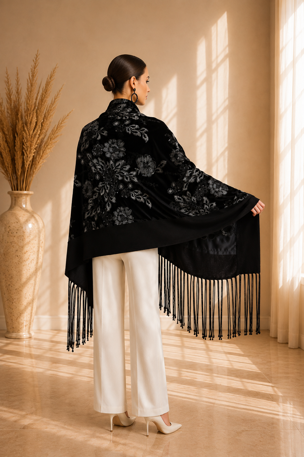 Embroidered Floral and Sequins Velvet Shawl with Wool Border