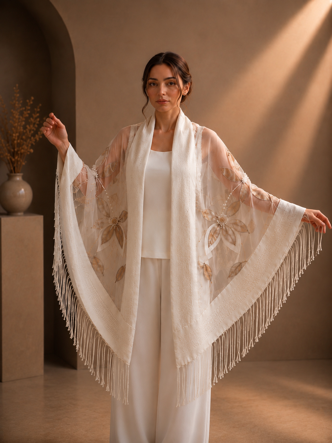White Bridal Folaral Aplique Knit and Tulle Shawl