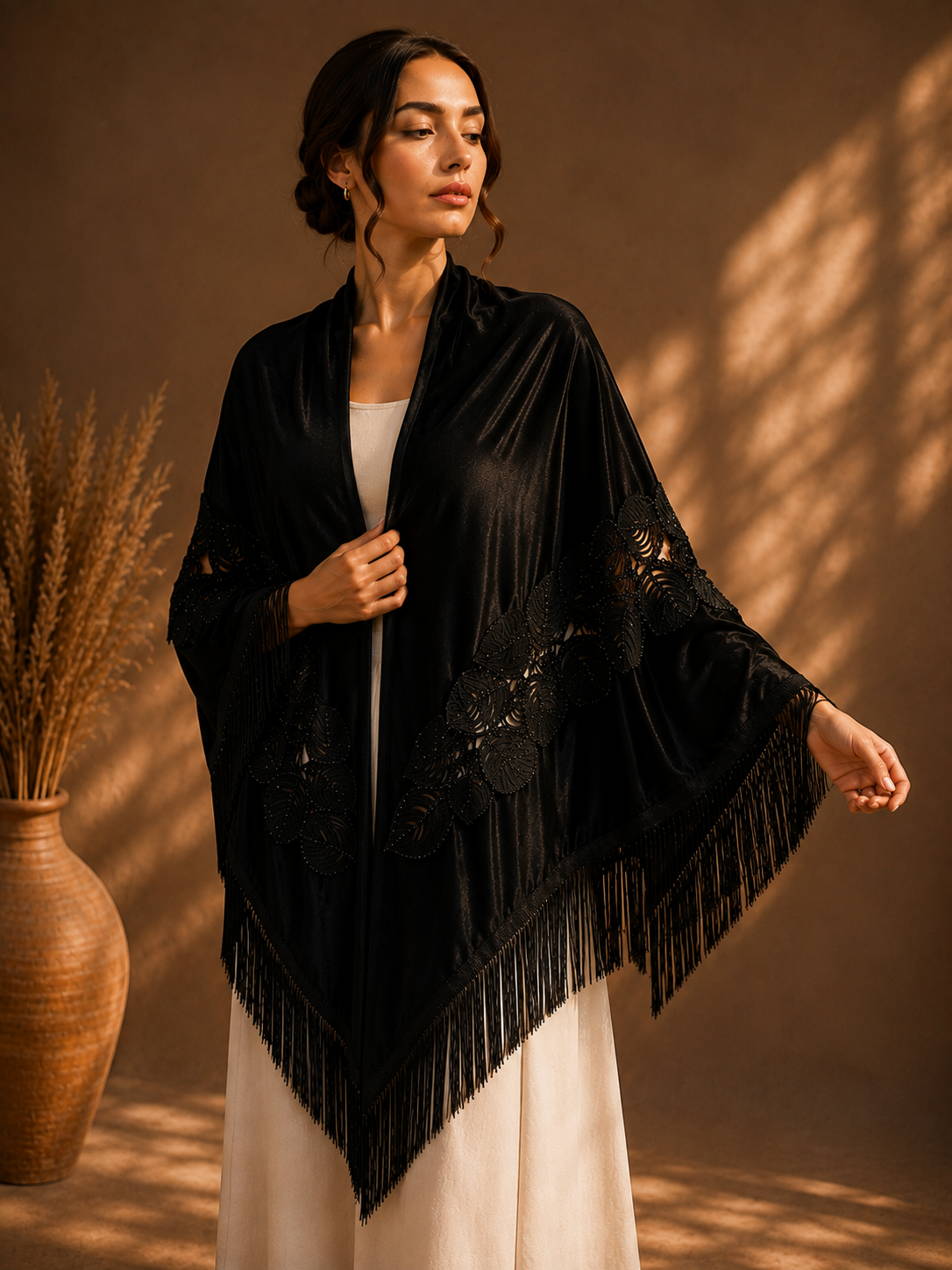 Black Embroidery Velvet Shawl with Fringe