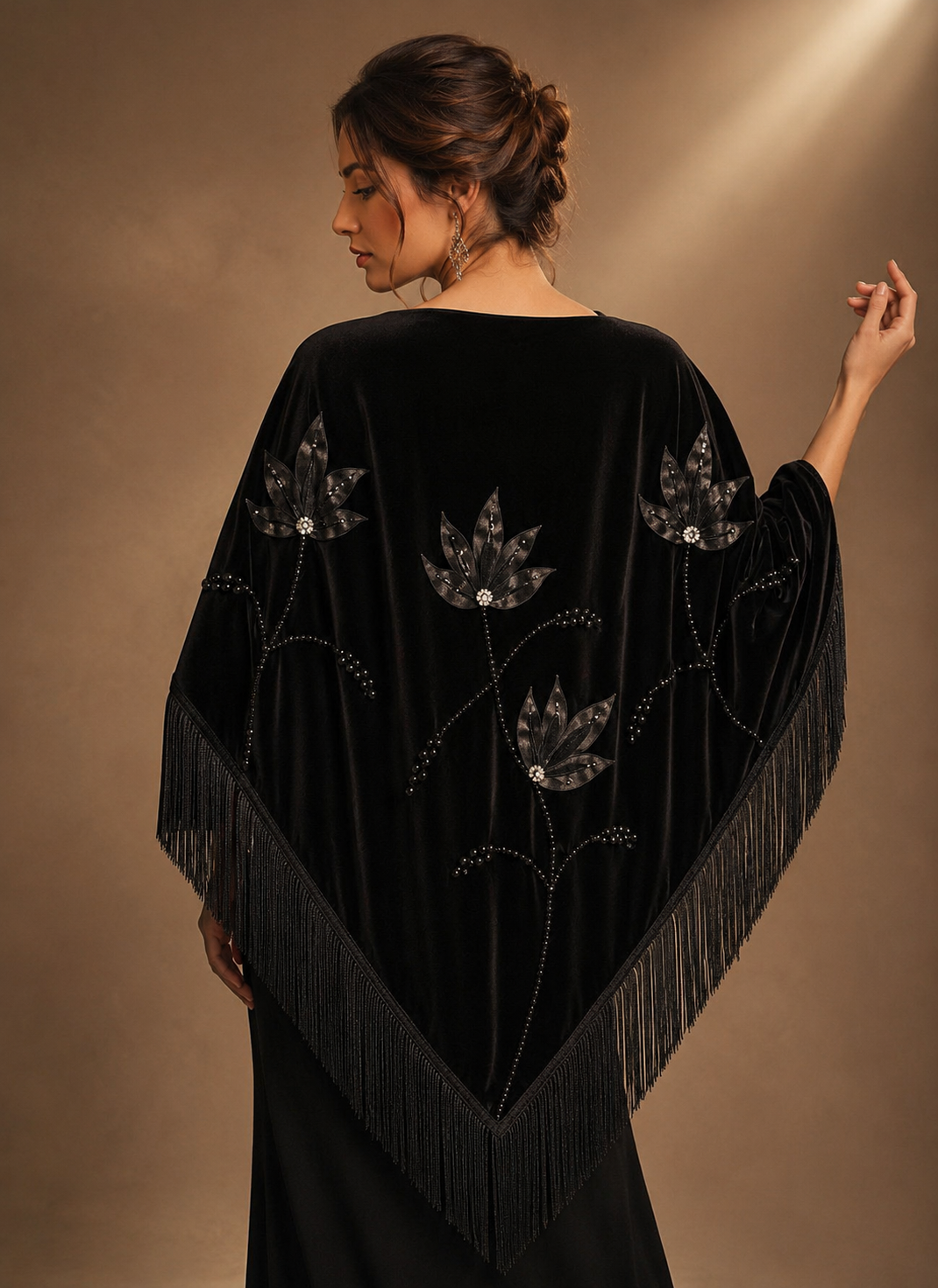 Handmade Embellisment and Flower Aplique Velvet Black Shawl
